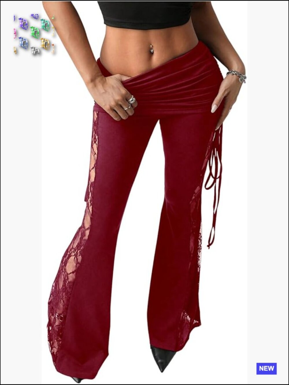 Lace Bell Bottom Flare Leggings High Stretch Low Rise Drawstring Waist Y2K Rave